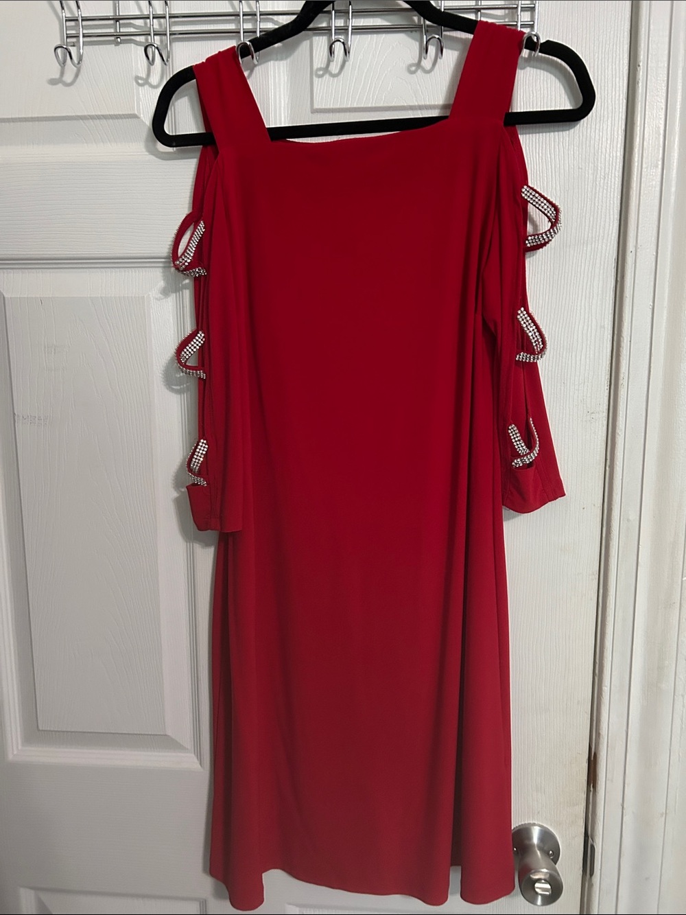 MSK Red Cold-Shoulder Midi Dress with Rhinestone Loop Details